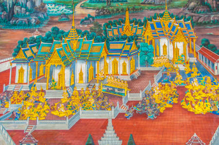 Thai Mural Paintings on the wall, Wat Phra Kaew at Bangkok, Thailand. The scenes of Ramayana story, the ancient Indian story are painted in the temple wall as the gallery.のeditorial素材