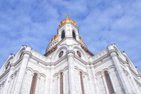 Russian Orthodox Cathedral - The Temple Of Christ The Savior in Moscow, Russian Federation with blue sky backgroundの写真素材