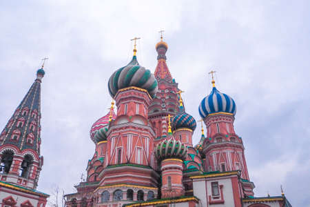 The scenic orthodox Saint Basil's Cathedral, iconic landmark on Red Square in Moscow, Russiaの写真素材