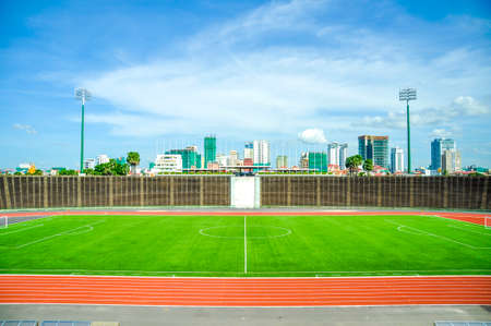 A view of football stadium with blue sky backgroundの写真素材