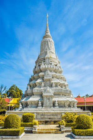 Phnom Penh tourist attraction and famouse landmark - Royal Palace ceremonial pagoda complex, Cambodia with blue sky backgroundの写真素材