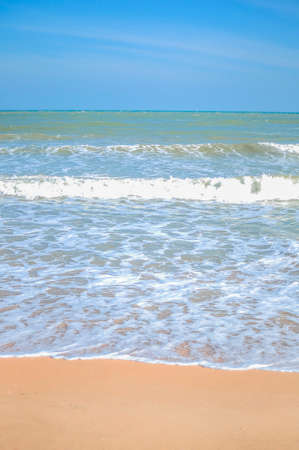 Soft wave of blue ocean on sandy beach with blue sky  Background.