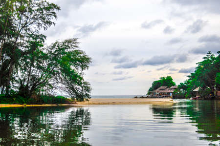 Seaside View Of tree, sand and reflection with white and cloud sky backgroundの写真素材