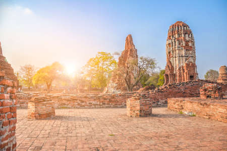 Landscape Ayutthaya Historical Park with Blue Sky Background at Ayutthaya. The famous temple of the equivalent human Thailand.の写真素材