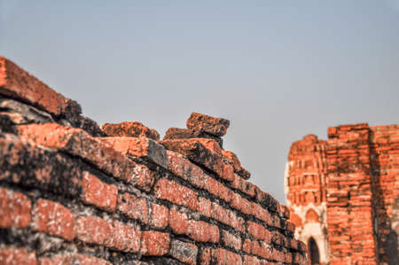 brick wall at Wat Phrasisanpetch (Phra Si Sanphet). Ayutthaya historical city with blue sky background, Thailand. Ayutthaya Historical Parkの写真素材