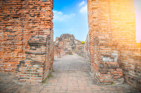 Landscape Ayutthaya Historical Park with Blue Sky Background at Ayutthaya. The famous temple of the equivalent human Thailand.の写真素材