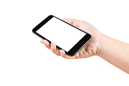 Close up hand holding black phone isolated on white background. Can use for show your media or...