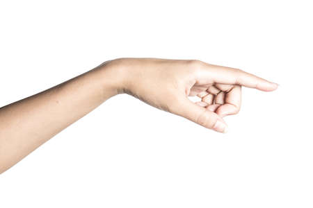 Close up hand touching or pointing to something isolated on white background with clipping path.の写真素材