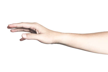 Hand open and ready to help or receive. Gesture isolated on white background with clipping path. Helping hand outstretched for salvation.の写真素材