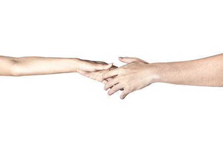 Hand open and ready to help or receive. Gesture isolated on white background with clipping path. Helping hand outstretched for salvation.の写真素材