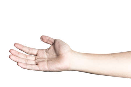 Hand open and ready to help or receive. Gesture isolated on white background with clipping path. Helping hand outstretched for salvation.の写真素材