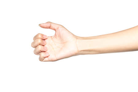 Close up hand holding something like a bottle or can isolated on white background with clipping path.の写真素材