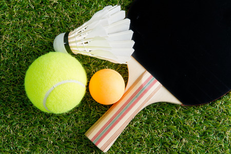Sports equipment on grassの写真素材