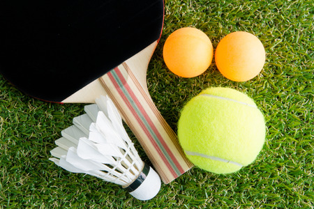 Sports equipment on grassの写真素材