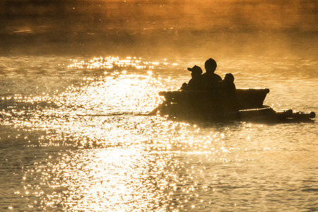 Bamboo rafting river at dawnの写真素材