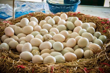 Duck eggs in the basket on the market.の写真素材