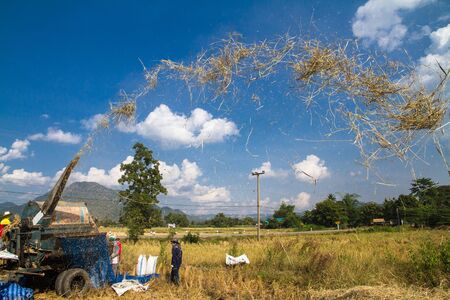 Farmers with grain production machinery in the fieldの写真素材