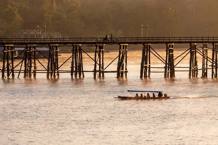 The longest wooden bridge with the morning light.の写真素材