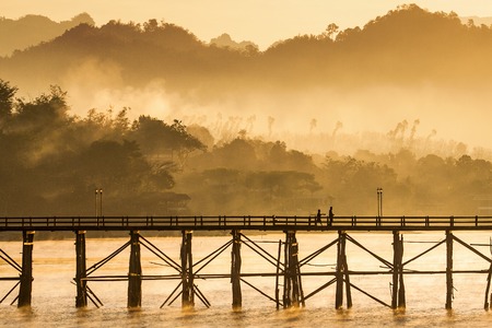 The longest wooden bridge with the morning light.の写真素材