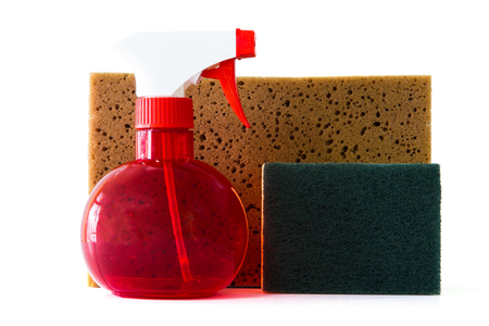 Spray bottle scrubber sponges for cleaningの写真素材