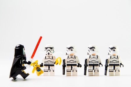 Nonthaburi, Thailand - December 29, 2015: The lego Star Wars mini figures from movie series on isolated white background, Lego is an interlocking brick system collected around the world by adults and children.のeditorial素材