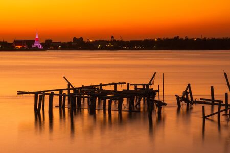 The remains of buildings in the seaの写真素材