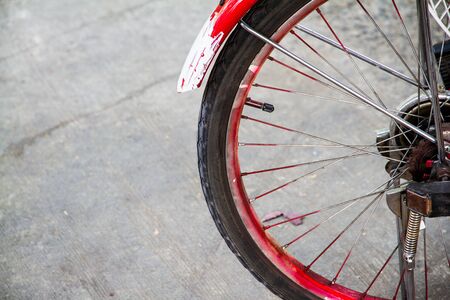 The rear wheel of the bicycle.