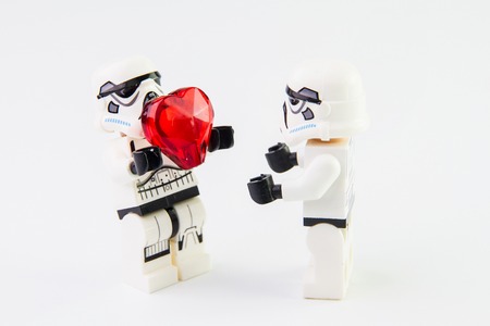 Nonthabure, Thailand - February, 24, 2016: Lego star wars stormtrooper give red Heart.The lego Star...