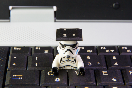 Nonthabure, Thailand - March, 19, 2016: Lego star wars stormtrooper a sneak is key keyboard...