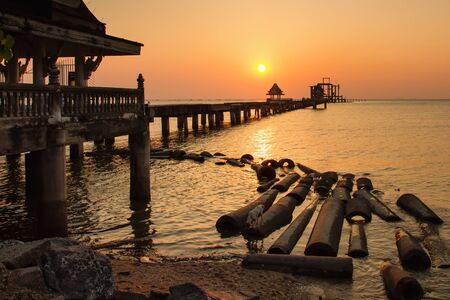 Sunset in bridge at Djittabhawan Temple tourist attraction in Pattaya,Thailandの写真素材