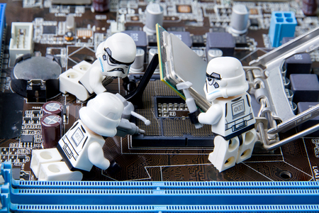 Nonthabure, Thailand - May, 05, 2016: Lego star wars repairing computer motherboard.The lego Star Wars mini figures from movie series.Lego is an interlocking brick system collected around the world.のeditorial素材