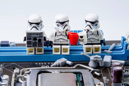 Nonthabure, Thailand - May, 05, 2016: Lego star wars repairing computer motherboard.The lego Star Wars mini figures from movie series.Lego is an interlocking brick system collected around the world.のeditorial素材