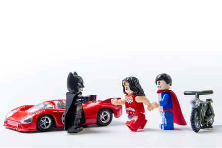 Nonthabure, Thailand - May, 22, 2016 : LEGO minifigure Batman and Superman .The lego Batman and Superman mini figures from movie .Lego is an interlocking brick system collected around the world.のeditorial素材