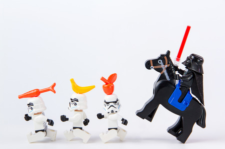 Nonthabure, Thailand - June, 28, 2016: Lego star wars fruits placed on a head.The lego Star Wars mini figures from movie series.Lego is an interlocking brick system collected around the world.のeditorial素材
