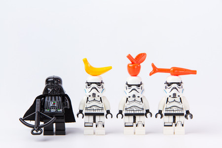 Nonthabure, Thailand - June, 28, 2016: Lego star wars fruits placed on a head.The lego Star Wars mini figures from movie series.Lego is an interlocking brick system collected around the world.のeditorial素材