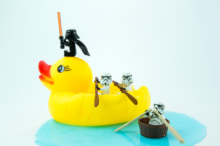 Nonthabure, Thailand - July, 10, 2016: Lego star wars paddle yellow rubber duck.The lego Star Wars mini figures from movie series.Lego is an interlocking brick system collected around the world.のeditorial素材