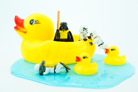Nonthabure, Thailand - July, 10, 2016: Lego star wars Transport yellow rubber duck.The lego Star Wars mini figures from movie series.Lego is an interlocking brick system collected around the world.のeditorial素材