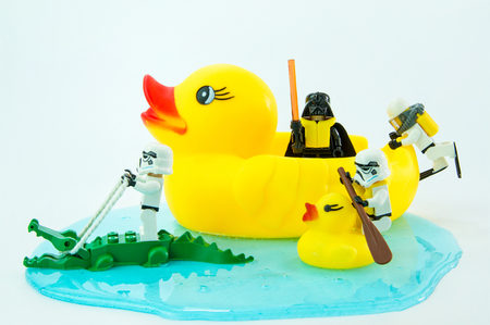 Nonthabure, Thailand - July, 10, 2016: Lego star wars Transport yellow rubber duck.The lego Star Wars mini figures from movie series.Lego is an interlocking brick system collected around the world.のeditorial素材