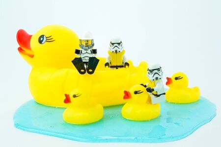 Nonthabure, Thailand - July, 10, 2016: Lego star wars Transport yellow rubber duck.The lego Star Wars mini figures from movie series.Lego is an interlocking brick system collected around the world.のeditorial素材