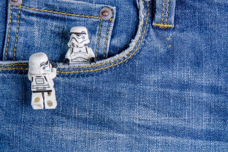 Nonthabure, Thailand - May, 05, 2016: Lego star wars in the pocket jeans.The lego Star Wars mini figures from movie series.Lego is an interlocking brick system collected around the world.のeditorial素材