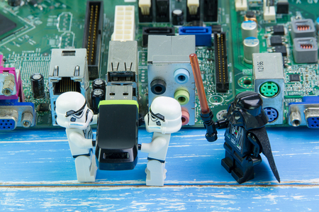 Nonthabure, Thailand - August, 02, 2016: Lego star wars repairing computer motherboard.The lego Star Wars mini figures from movie series.Lego is an interlocking brick system collected around the world.のeditorial素材