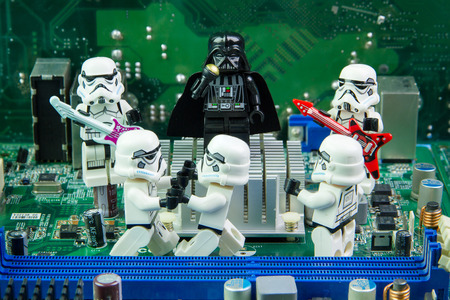 Nonthabure, Thailand - August, 02, 2016: Lego star wars singing concert on computer motherboard.The lego Star Wars mini figures from movie series.Lego is an interlocking brick system collected around the world.のeditorial素材
