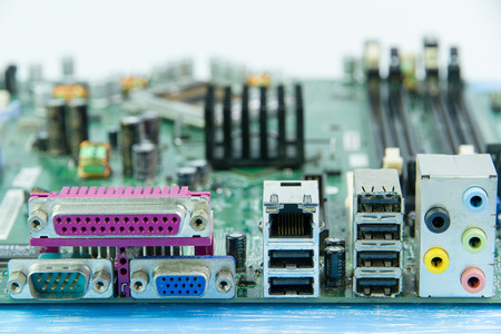 close up of computer motherboard, back view of connectors.の写真素材