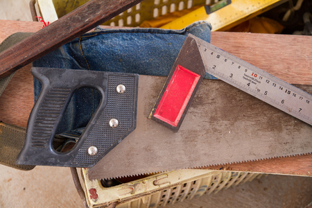 Carpenter tools.hacksaw and measuring toolsの写真素材