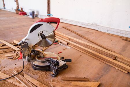 Electrical saw with circular blade for wood.の写真素材