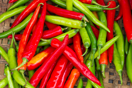 Red and green chili for cooking in the market.