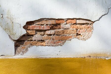 Ancient cracked concrete vintage brick wall background, old dirty.