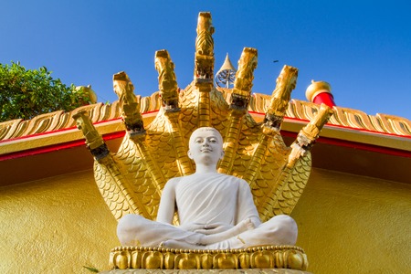 White buddha in Wat Sangkat Rattana Khiri on Khao Sakae Krang mountain in Uthai Thani, Thailandの写真素材