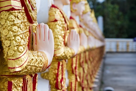 Angel wall of buddhist temple in Bodhgaya Stupa or Phuthakaya Pagoda at Sangklaburi, Kanchanaburi, Thailand.の写真素材