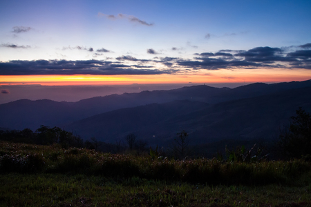 Mountain valley during sunrise. Natural summer landscape.Lighting before sunrise at the morning timeの写真素材